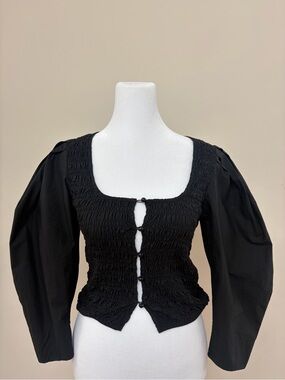 Ganni Black Smocked Square-Neck Button Front Top
